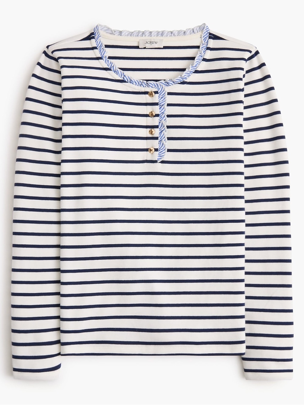 J. Crew Navy & White Striped Long-Sleeve Henley Top Blue Gingham Hem Size M - Picture 3 of 12